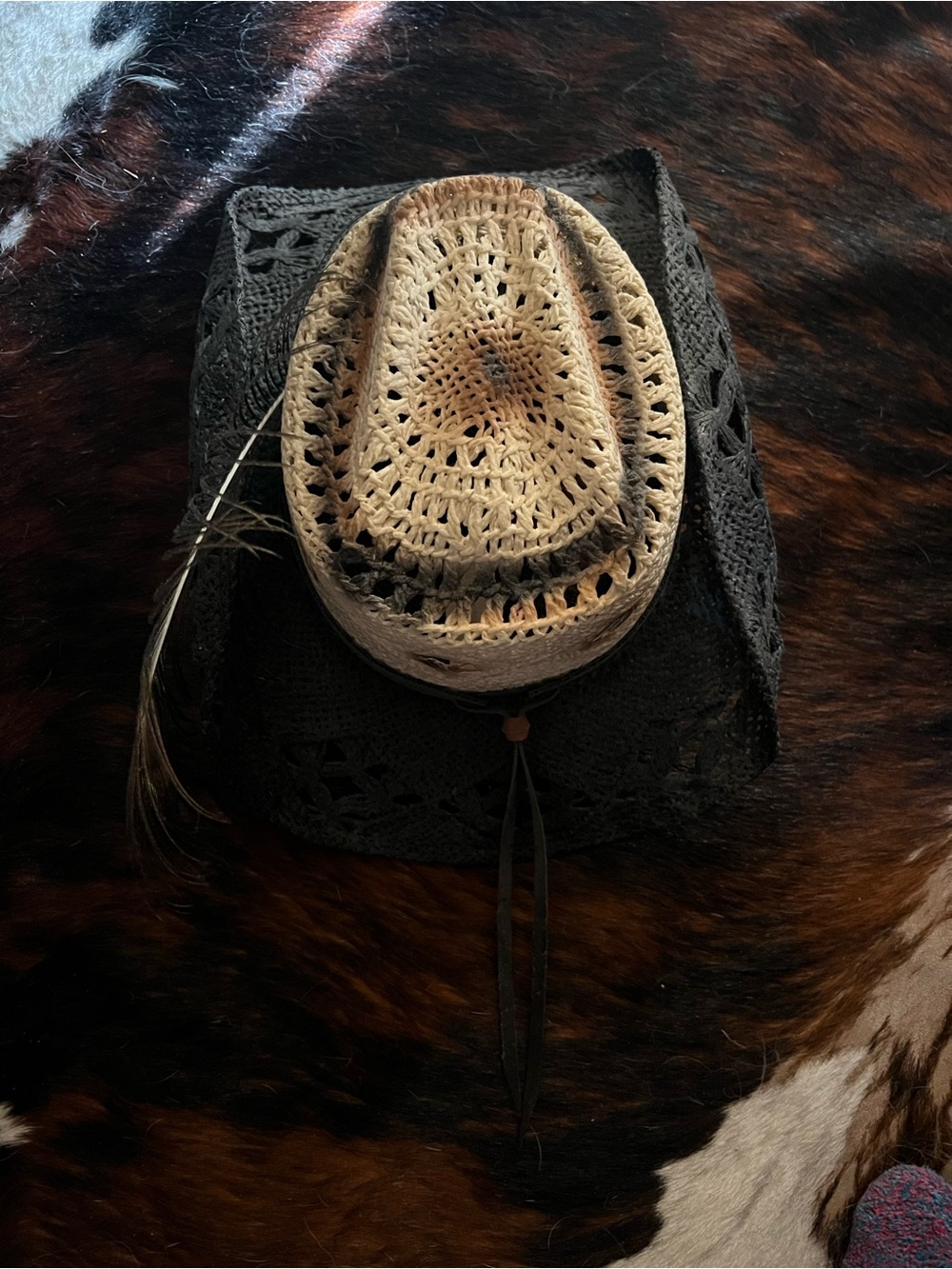Handwoven Two-Tone Straw Cowboy Hat with Feather Accent